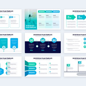 May include: A collection of 30 60 90 day plan templates in various designs. The templates use a color palette of teal, blue, and white. Each template includes the text "30 Days", "60 Days", and "90 Days".