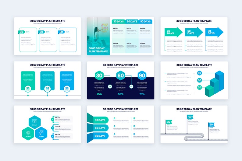 May include: A collection of 30 60 90 day plan templates in various designs. The templates use a color palette of teal, blue, and white. Each template includes the text "30 Days", "60 Days", and "90 Days".