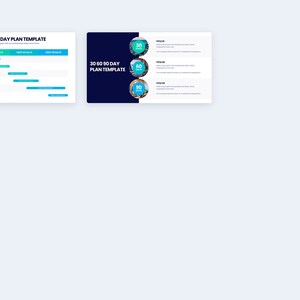 May include: Two digital templates for a 30 60 90 Day Plan. One template is a Gantt chart with a blue and green color scheme. The other template is a dark blue design with circular icons for 30, 60, and 90 days.