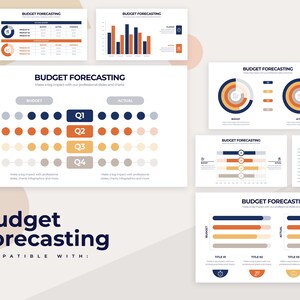 May include: A set of budget forecasting PowerPoint slides with charts and graphs. The slides feature a variety of data visualisation techniques, including bar charts, pie charts, and line graphs. The slides are designed to help businesses track their financial performance and make informed decisions about their future.
