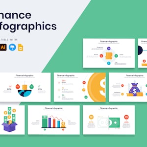 Pode incluir: Uma coleção de infográficos financeiros com fundo verde-azulado e branco. O título "Finance Infographics" é exibido no topo. Os infográficos incluem gráficos, diagramas e ícones relacionados a finanças e negócios. Compatível com P, Ai e outros tipos de arquivos.