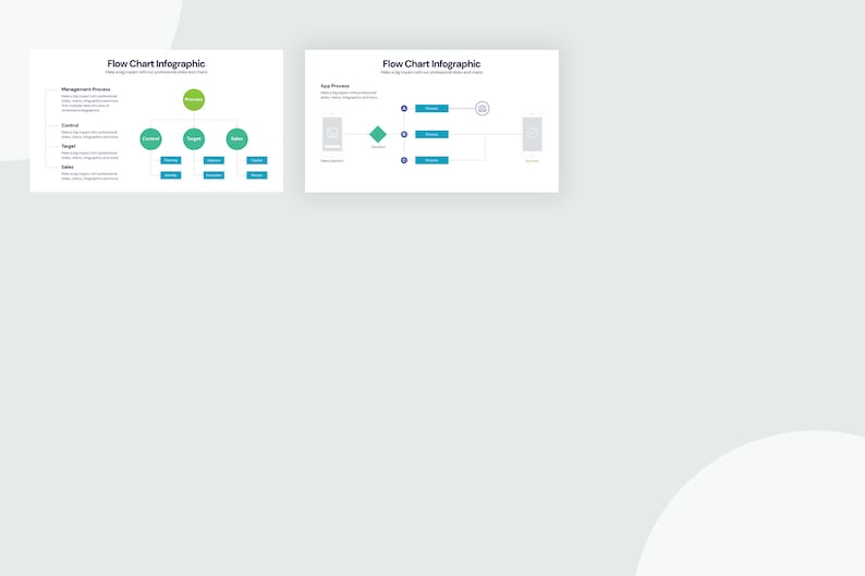 Puede incluir: Dos infograf&iacute;as rectangulares blancas con elementos azules y verdes. La infograf&iacute;a de la izquierda es un diagrama de flujo con el t&iacute;tulo "Flow Chart Infographic" y la infograf&iacute;a de la derecha es un diagrama de flujo con el t&iacute;tulo "Flow Chart Infographic".