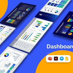 May include: A set of colorful dashboards with charts and graphs. The dashboards are compatible with PowerPoint, Illustrator, Figma, and Google Docs. The text "Dashboards" is in large, bold letters at the bottom of the image.