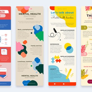 May include: Four colorful infographic posters about mental health. The first poster is red and blue and discusses the importance of mental health. The second poster is beige and features colorful abstract shapes and discusses factors that affect mental health. The third poster is yellow and blue and discusses mental health disorders. The fourth poster is beige and features tropical leaves and discusses therapy and treatment for mental health disorders.