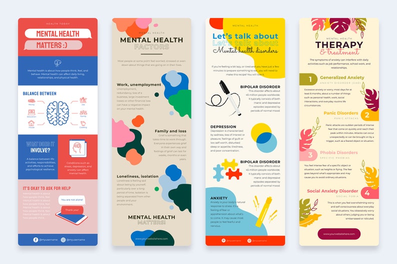 May include: Four colorful infographic posters about mental health. The first poster is red and blue and discusses the importance of mental health. The second poster is beige and features colorful abstract shapes and discusses factors that affect mental health. The third poster is yellow and blue and discusses mental health disorders. The fourth poster is beige and features tropical leaves and discusses therapy and treatment for mental health disorders.
