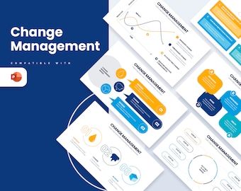 May include: A set of PowerPoint slides with a blue background and white text. The slides are about change management and feature various charts, graphs, and diagrams. The slides are compatible with PowerPoint.