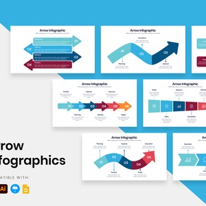 Puede incluir: Un conjunto de ocho diapositivas de infografía de flechas con diferentes diseños y colores. Las diapositivas están diseñadas para ayudar a los usuarios a visualizar datos y procesos. Las diapositivas son compatibles con PowerPoint, Illustrator y otros programas populares.
