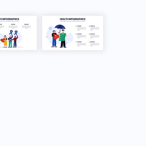 Puede incluir: Dos infograf&iacute;as tituladas "HEALTH INFOGRAPHICS" sobre un fondo blanco. La primera muestra a personas sosteniendo cintas y corazones. La segunda muestra a personas con un paraguas y una carpeta. Cada infograf&iacute;a tiene cuatro t&iacute;tulos y vi&ntilde;etas.