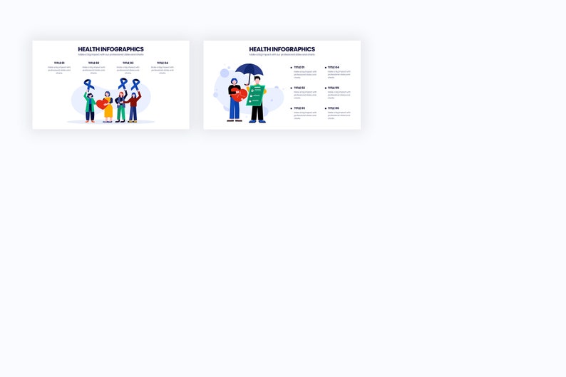 Puede incluir: Dos infograf&iacute;as tituladas "HEALTH INFOGRAPHICS" sobre un fondo blanco. La primera muestra a personas sosteniendo cintas y corazones. La segunda muestra a personas con un paraguas y una carpeta. Cada infograf&iacute;a tiene cuatro t&iacute;tulos y vi&ntilde;etas.
