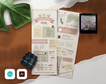 Può includere: Un programma di nozze con uno schema di colori rosa e beige. Il programma include informazioni sulla cerimonia di nozze, il ricevimento e la festa di nozze. Il programma include anche una mappa della California e una foto del Golden Gate Bridge.