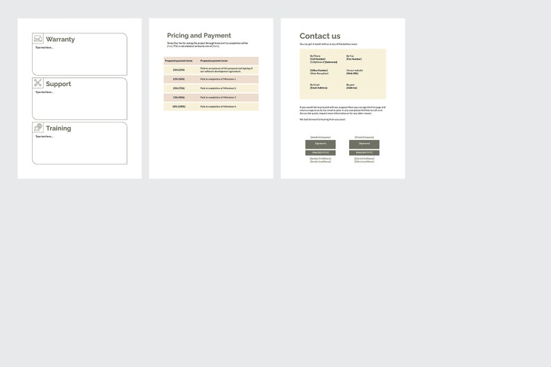 Peut inclure: Un document avec trois sections intitul&eacute;es "Garantie", "Assistance" et "Formation". Chaque section dispose d'un espace pour du texte et d'une ic&ocirc;ne. Le document comprend &eacute;galement des sections intitul&eacute;es "Prix et paiement" et "Contactez-nous".