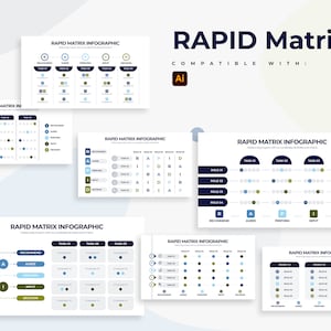 May include: A set of eight infographic templates for a rapid matrix. The templates are designed to help users visualise and analyse data. The templates feature a variety of colours, including blue, green, and white. The templates are compatible with Adobe Illustrator.