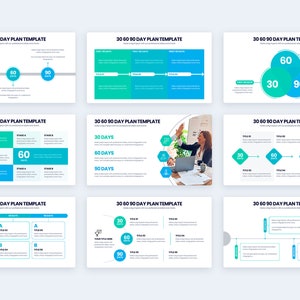 May include: A collection of templates for a 30-60-90 day plan, with a clean, modern design. The layouts feature teal and blue accents, with text labels for 30, 60, and 90 days. The text "30 60 90 DAY PLAN TEMPLATE" is displayed at the top of each template.