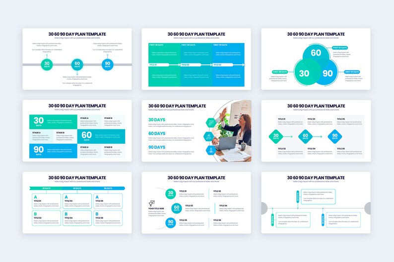 May include: A collection of templates for a 30-60-90 day plan, with a clean, modern design. The layouts feature teal and blue accents, with text labels for 30, 60, and 90 days. The text "30 60 90 DAY PLAN TEMPLATE" is displayed at the top of each template.