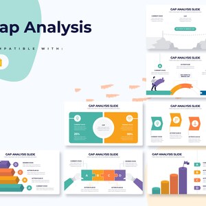 May include: A set of six slides for a presentation on gap analysis. Each slide features a different visual representation of the gap between a current state and a desired state, with action plans to bridge the gap. The slides are compatible with Google Slides.