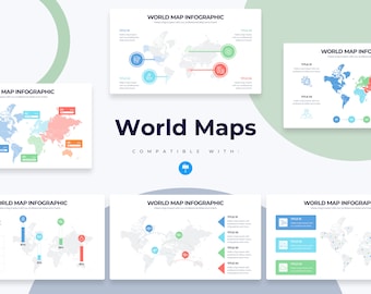 Può includere: Un set di cinque diapositive di infografiche di mappe del mondo con diversi layout e visualizzazioni dei dati. Le diapositive presentano una mappa del mondo grigia con marcatori colorati e caselle di testo. Il testo sulle diapositive include "Infografica di mappa del mondo" e "Crea un grande impatto con le nostre diapositive e grafici professionali."
