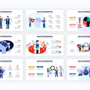Puede incluir: Una colecci&oacute;n de nueve infograf&iacute;as de salud con ilustraciones de personas, s&iacute;mbolos m&eacute;dicos y texto. Cada infograf&iacute;a presenta el t&iacute;tulo "HEALTH INFOGRAPHICS" en la parte superior. Las ilustraciones representan varios conceptos relacionados con la salud.