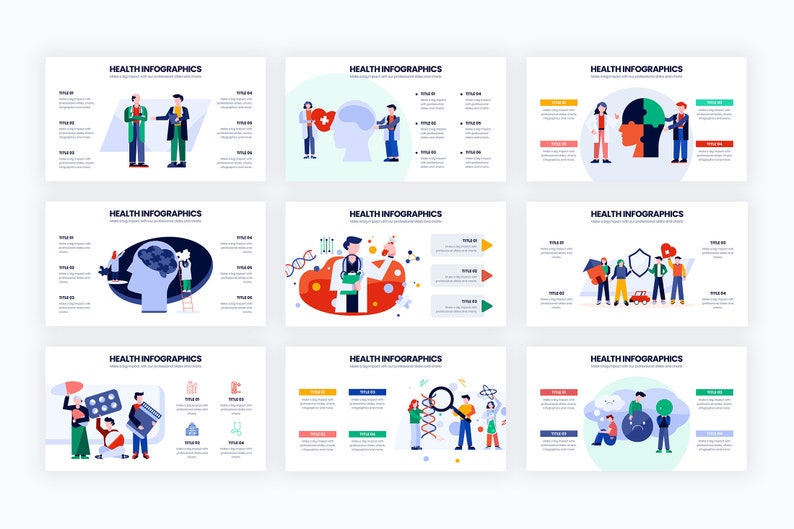 Puede incluir: Una colecci&oacute;n de nueve infograf&iacute;as de salud con ilustraciones de personas, s&iacute;mbolos m&eacute;dicos y texto. Cada infograf&iacute;a presenta el t&iacute;tulo "HEALTH INFOGRAPHICS" en la parte superior. Las ilustraciones representan varios conceptos relacionados con la salud.