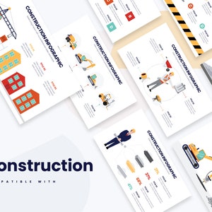Pode incluir: Infográfico de construção com ilustrações de edifícios, guindastes, escavadoras e trabalhadores. O infográfico inclui títulos, números e porcentagens.