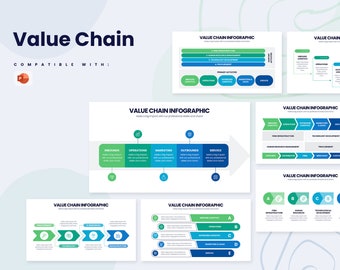 Può includere: Un set di diapositive di infografica della catena del valore con uno schema di colori blu, verde e bianco. Le diapositive presentano diversi layout e icone per rappresentare le varie fasi di una catena del valore, come la logistica in entrata, le operazioni, il marketing, la logistica in uscita e il servizio. Le diapositive sono compatibili con PowerPoint.