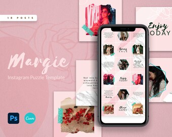 Può includere: Un modello di puzzle Instagram rosa e bianco con il testo "Margie" e "Instagram Puzzle Template". Il modello è diviso in nove quadrati, ognuno con un'immagine o un testo diverso. Le immagini includono una donna con occhiali da sole, una donna con fiori nei capelli, una donna con un neon rosso e una donna con una corona di fiori. Il testo include "Spring Sale", "Enjoy Today", "Choose Happy" e "Enjoy Today".