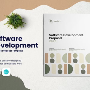 Puede incluir: Una plantilla de propuesta comercial blanca para el desarrollo de software con un patrón geométrico de formas beige, marrón y verde. El texto "Software Development Proposal 2020" está en la parte superior de la página.