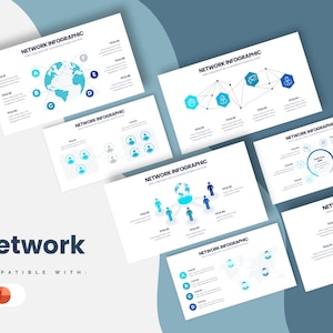 May include: A set of network infographic slides for PowerPoint presentations. The slides feature various network diagrams, including a globe with connecting lines, a network of people, a network of hexagons, and a circular network with icons. The slides are designed in a blue and white colour scheme.