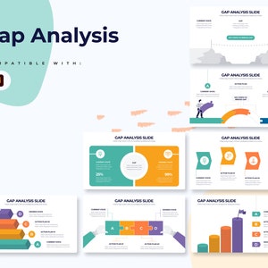 May include: A set of six colourful slides with the title "Gap Analysis" and illustrations of people bridging gaps. The slides are designed to help businesses identify and close gaps in their performance.