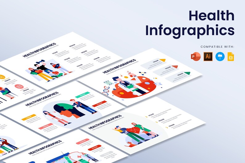 Puede incluir: Un dise&ntilde;o gr&aacute;fico con m&uacute;ltiples diapositivas de presentaci&oacute;n blancas con el texto "Health Infographics". Las diapositivas contienen ilustraciones coloridas de personas y conceptos m&eacute;dicos. Compatible con PowerPoint, Illustrator y otro software.