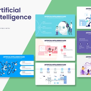 May include: A presentation slide deck titled "Artificial Intelligence" with various slides illustrating different aspects of artificial intelligence, such as robots, data analysis, and machine learning.