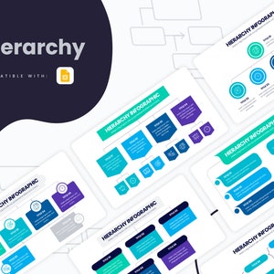 May include: A set of five infographic templates with a hierarchy structure. Each template features a different color scheme with blue, green, and purple accents. The templates are designed to help visualize data and information in a clear and concise way.