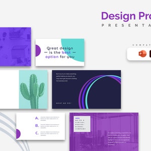Pode incluir: Um baralho de slides de apresentação com o título "Design Process" em texto roxo. Os slides apresentam uma variedade de designs, incluindo um cacto, um design abstrato roxo e azul, e um design roxo e branco com o texto "Great design is the best option for you".