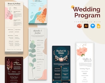Può includere: Cinque diversi modelli di programma di matrimonio con motivi floreali. I modelli sono in una varietà di colori, tra cui rosa, blu, verde e marrone. Il testo sui modelli include i nomi delle coppie, la data del matrimonio e l'ordine degli eventi. I modelli sono compatibili con Adobe Photoshop, Illustrator e InDesign.