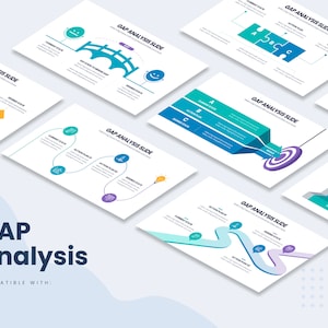 May include: A set of six PowerPoint slides with different visual representations of a gap analysis. The slides feature a bridge, a target, a puzzle, a lightbulb, a staircase, and a winding path. Each slide includes the text "GAP ANALYSIS SLIDE".