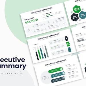 May include: A green and black executive summary slide template with charts and graphs. The template includes a total sales figure of $97,512.31, a monthly sales figure of $128,976, and a total sales figure of $3.6 million. The template also includes a pie chart with three sections, a bar chart with four bars, and a line chart with three lines.