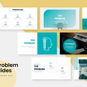 Könnte beinhalten: Ein Präsentations-Slide-Deck mit dem Titel "Problem Slides" und dem Text "The Problem", der auf mehreren Slides wiederholt wird. Die Slides beinhalten verschiedene Designelemente, darunter Icons, Textfelder und Bilder. Die Slides sollen Unternehmen dabei helfen, Probleme zu identifizieren und zu lösen.