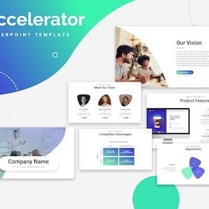Puede incluir: Una plantilla de presentación de PowerPoint con el título "Accelerator" y un fondo degradado azul y verde. La plantilla incluye diapositivas para la visión de una empresa, las características del producto, las ventajas competitivas y los miembros del equipo. Las diapositivas presentan un diseño moderno con iconos y gráficos.
