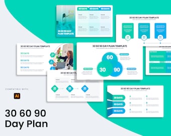 Può includere: Un modello di piano di 30, 60 e 90 giorni per uso aziendale o personale. Il modello presenta uno schema di colori blu, verde e bianco con una varietà di grafici e tabelle. Il testo "30 60 90 Day Plan Template" è visibile nella parte superiore della pagina.