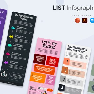 May include: Four infographic designs with black, green, pink, and red backgrounds. The infographics are titled "Coronavirus List of Symptoms", "The Best Video Game Consoles", "List of SEO Mistakes", "5 Reasons Why Social Media is Important", and "Top 6 US States for Starting a Business".
