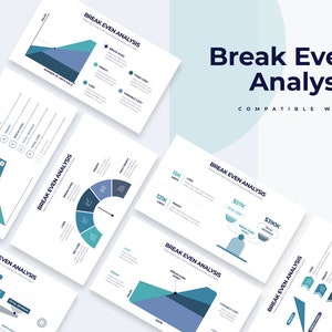 May include: A set of six PowerPoint slides with blue and teal colour schemes, illustrating a break-even analysis. The slides include charts, graphs, and diagrams to help visualise the concept of break-even point, fixed costs, variable costs, and total revenue.