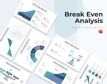 Può includere: Un set di sei diapositive PowerPoint con schemi di colori blu e turchese, che illustrano un'analisi del punto di pareggio. Le diapositive includono grafici, diagrammi e schemi per aiutare a visualizzare il concetto di punto di pareggio, costi fissi, costi variabili e ricavi totali.