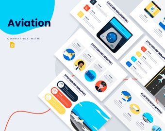 Può includere: Un set di diapositive colorate con la parola "Aviation" in uno stendardo blu e bianco. Le diapositive presentano illustrazioni di aerei, piloti e attrezzature aeroportuali. Le diapositive sono progettate per l'uso in presentazioni o report sul settore dell'aviazione.