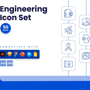 May include: A set of 50 engineering icons in a blue and white color scheme. The icons are compatible with Adobe Illustrator, Sketch, Figma, Photoshop, PowerPoint, and InDesign. The icons are available in SVG and PNG formats.