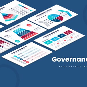 May include: A set of six infographic slides with the word "Governance" in the title. The slides feature different types of charts and diagrams, including a pyramid, a circle graph, and a line graph. The slides are designed to help businesses and organizations understand and improve their governance practices.