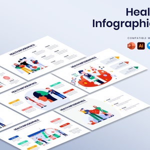 Puede incluir: Un conjunto de infograf&iacute;as de salud con ilustraciones de personas y s&iacute;mbolos m&eacute;dicos. El t&iacute;tulo "Health Infographics" se muestra en azul oscuro. Compatible con varios programas de software.