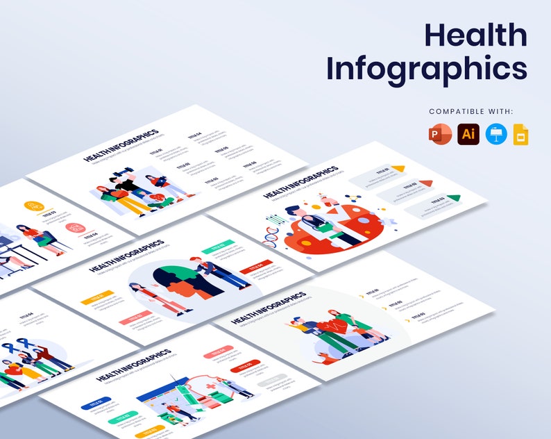 Puede incluir: Un conjunto de infograf&iacute;as de salud con ilustraciones de personas y s&iacute;mbolos m&eacute;dicos. El t&iacute;tulo "Health Infographics" se muestra en azul oscuro. Compatible con varios programas de software.