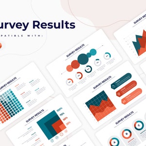 May include: A set of PowerPoint slides with various charts and graphs showing survey results. The charts are in red, blue, and green colours. The slides are titled "Survey Results".