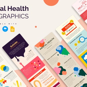 May include: A set of colorful infographic templates for mental health awareness. The templates feature illustrations and text about topics such as suicide prevention, depression, and self-care. The text includes phrases like "Mental Health", "Suicide Prevention", "Hello Depression", "Self Care", "Take a Warm Bath", "Technology Break", "Exercise", "Treatment", "Healing is Never Linear", "Work, Unemployment", "Family and Loss", "Loneliness, Isolation", "September 10th", "1-800-273-TALK", "Text HELLO to 741741".
