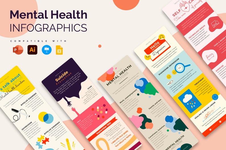 May include: A set of colorful infographic templates for mental health awareness. The templates feature illustrations and text about topics such as suicide prevention, depression, and self-care. The text includes phrases like "Mental Health", "Suicide Prevention", "Hello Depression", "Self Care", "Take a Warm Bath", "Technology Break", "Exercise", "Treatment", "Healing is Never Linear", "Work, Unemployment", "Family and Loss", "Loneliness, Isolation", "September 10th", "1-800-273-TALK", "Text HELLO to 741741".