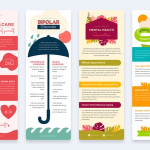 May include: Four colorful infographic posters with tips for mental health awareness. The first poster is red and features the text "Self Care: Take care of yourself". The second poster is blue and green and features the text "Bipolar Disorder". The third poster is yellow and green and features the text "Mental Health Quarantine". The fourth poster is blue and green and features the text "Mental Health Awareness Month".